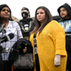 Katie Wright, center, stands beside activist Toshira Garraway and her son, Damik Bryant, during a news conference Thursday, May 5, 2022 outside the Brooklyn Center Police Station in Brooklyn Center, Minn. Katie Wright, the mother of Daunte Wright, said she was injured while she was briefly detained by one of the same department’s officers after she stopped to record an arrest of a person during a traffic stop.